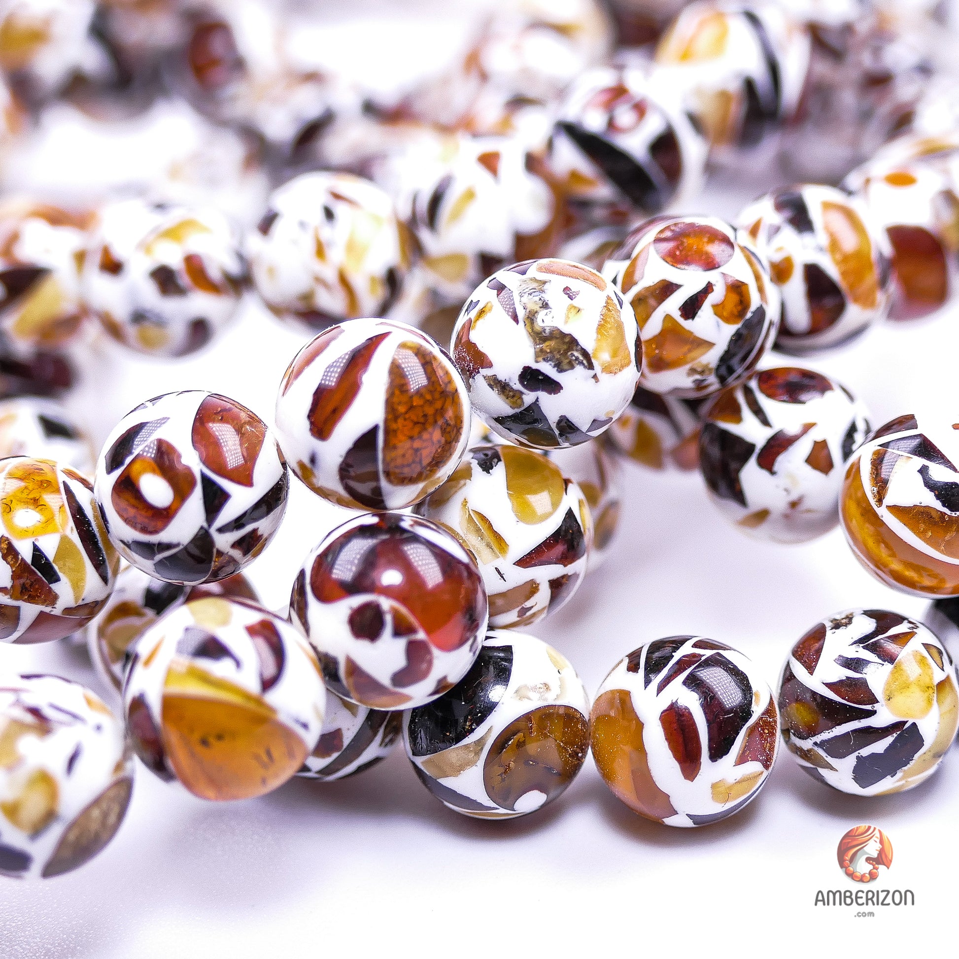 Mosaic amber ball bracelet - Premium AAA quality round beads - Stretchy
