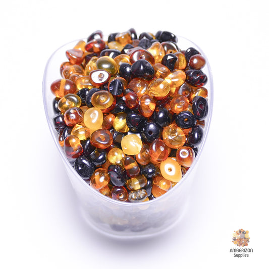 Loose amber beads for DIY - Drilled dark multicolored chip beads