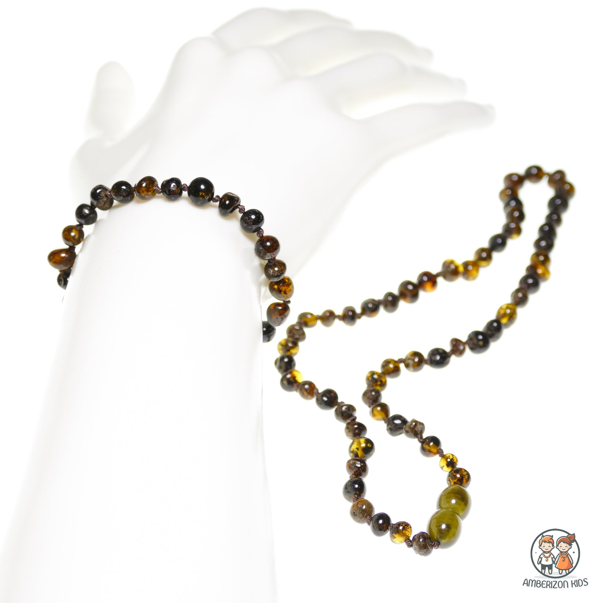 Matching Baby raw amber jewelry set - Grey-green amber color - Baby bracelet + baby necklace