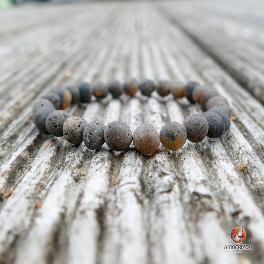 Unpolished raw amber bracelet - Premium frosted dark grey finish baroque beads