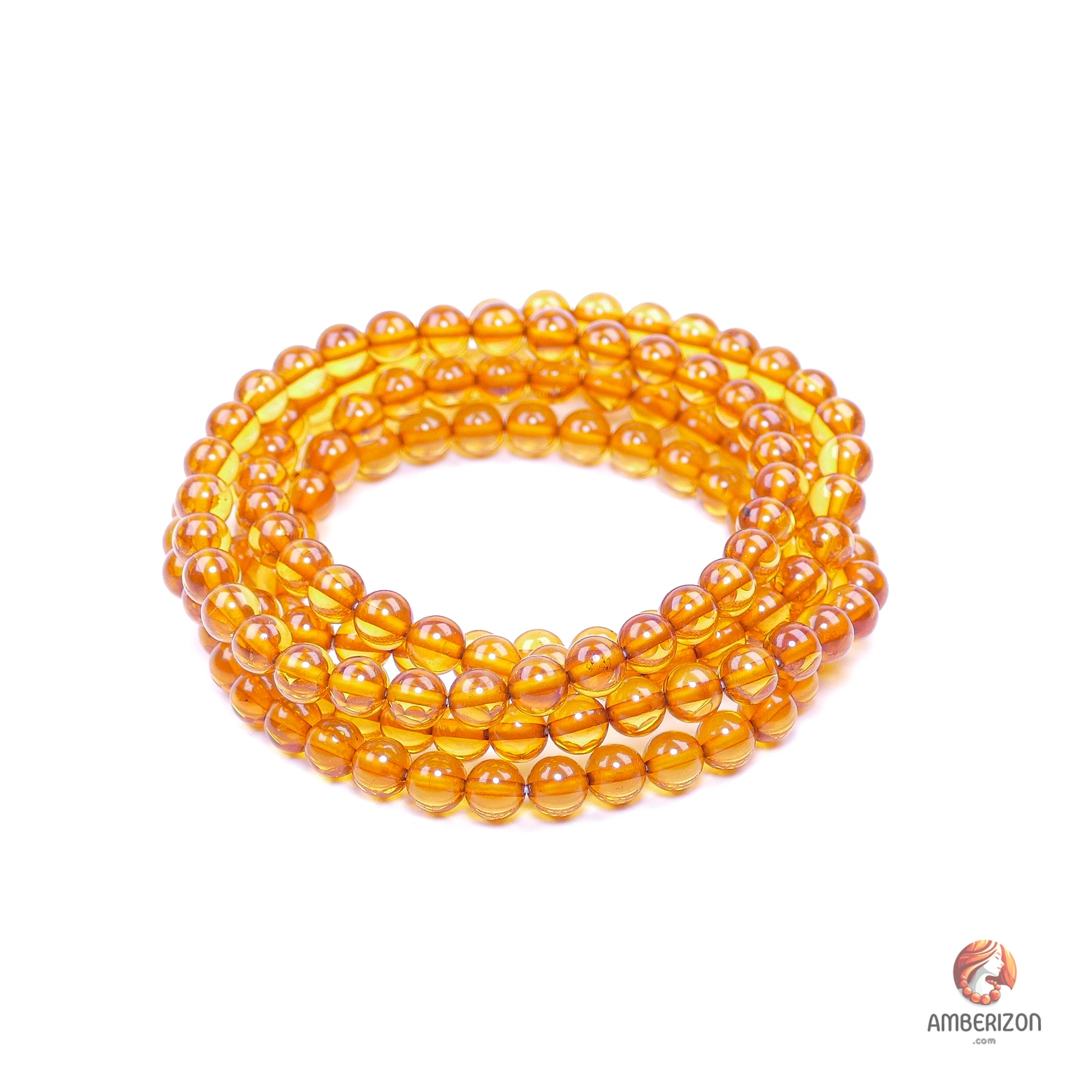 Polished honey amber ball bracelet - Premium AAA quality round beads - Stretchy
