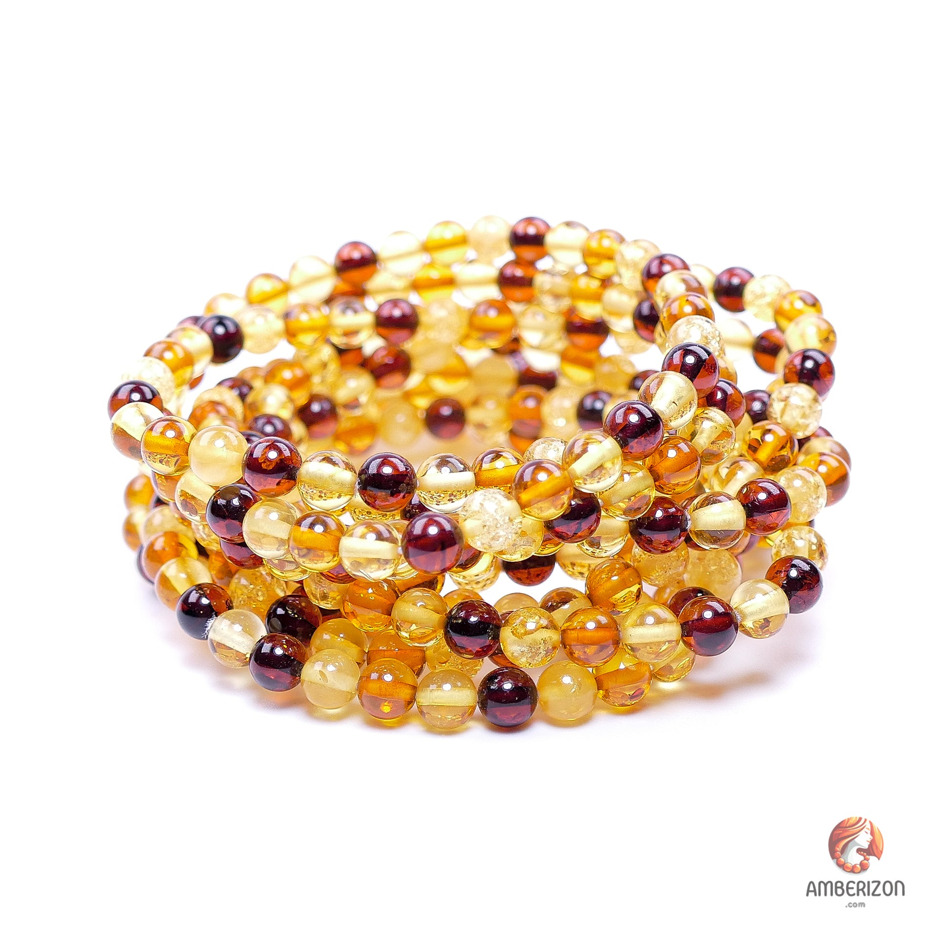 Clear premium AAA amber ball bracelet - Round multicolored beads - Stretchy